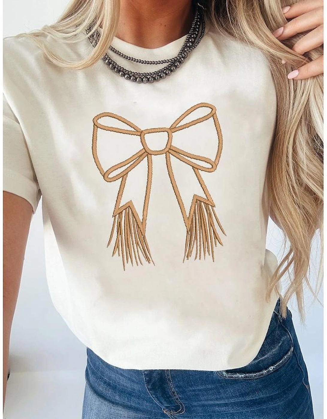 White Tassel Bowknot Embroidered Graphic Print Western Round Neck T Shirt