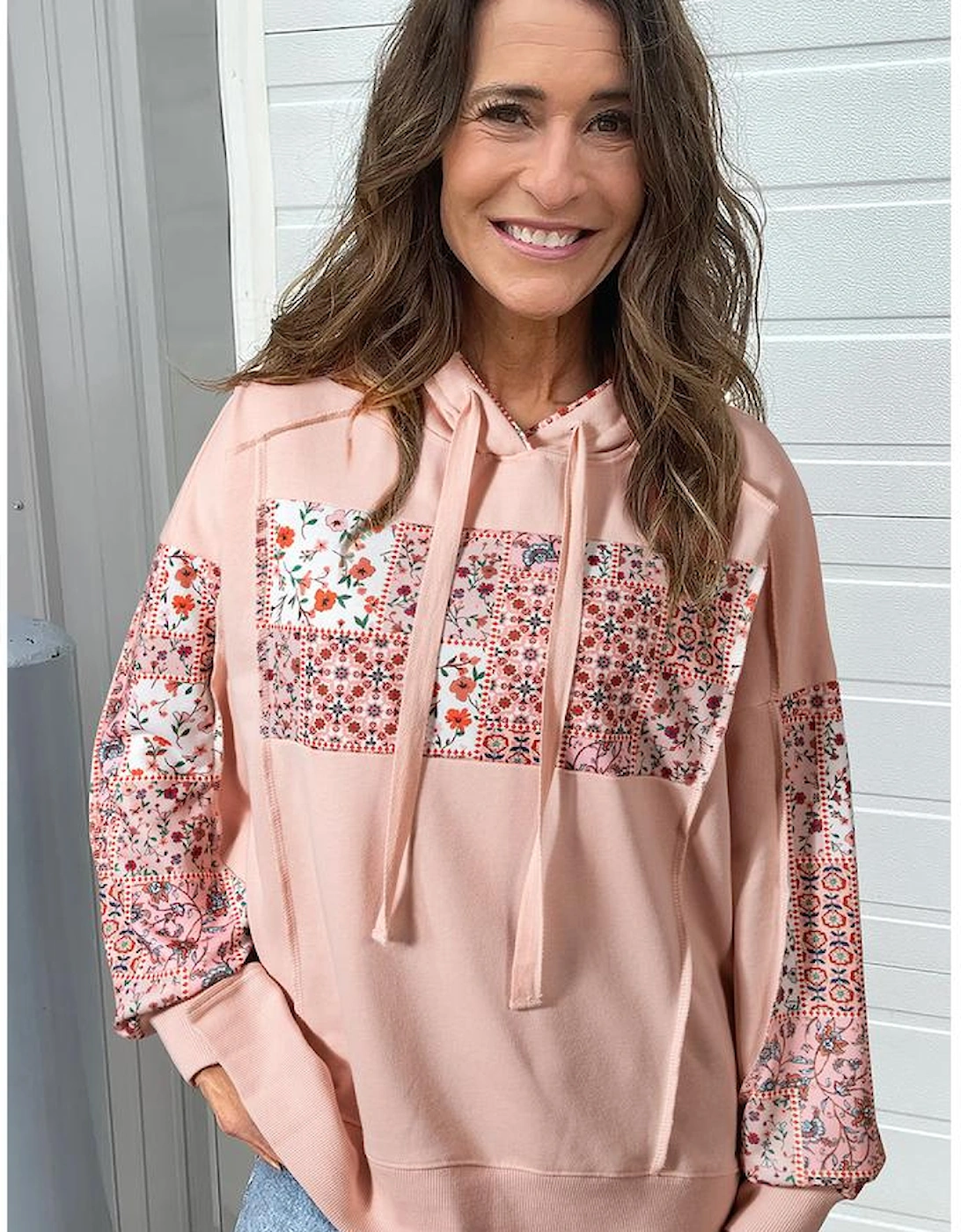 Delicacy Mix Floral Patchwork Side Slit Drawstring Hoodie