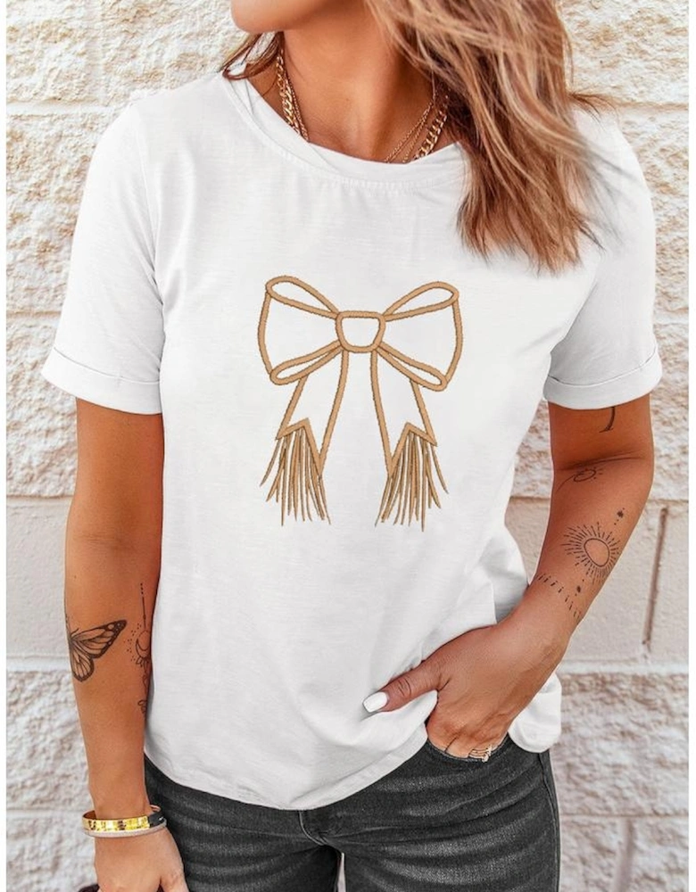 White Tassel Bowknot Embroidered Graphic Print Western Round Neck T Shirt