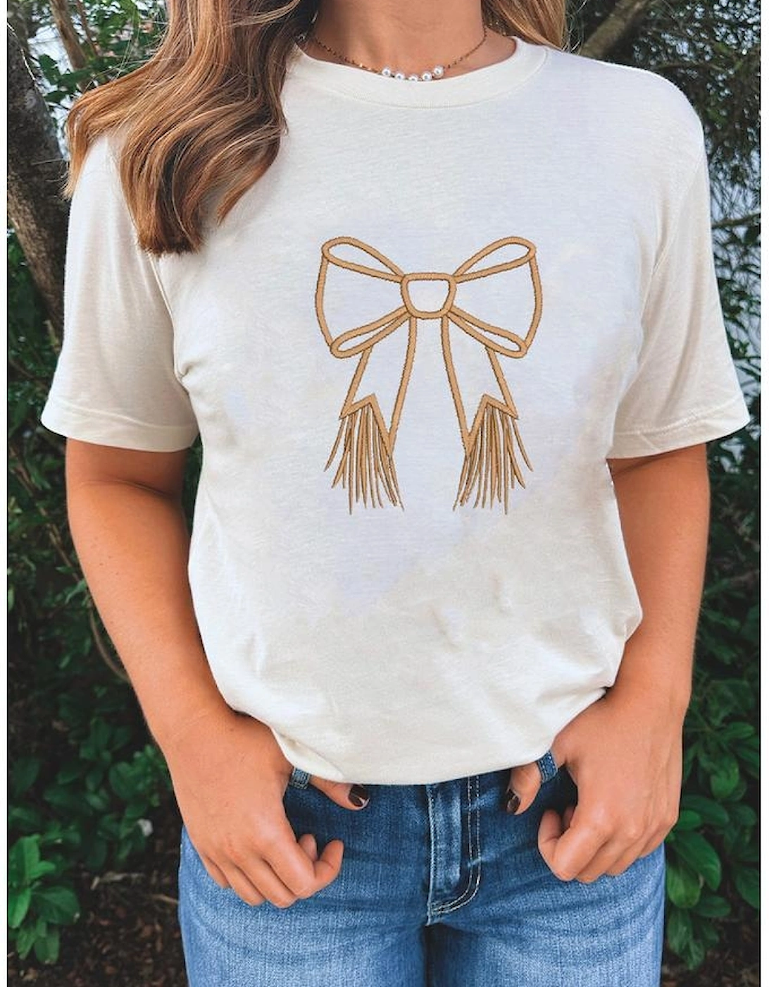 White Tassel Bowknot Embroidered Graphic Print Western Round Neck T Shirt, 5 of 4