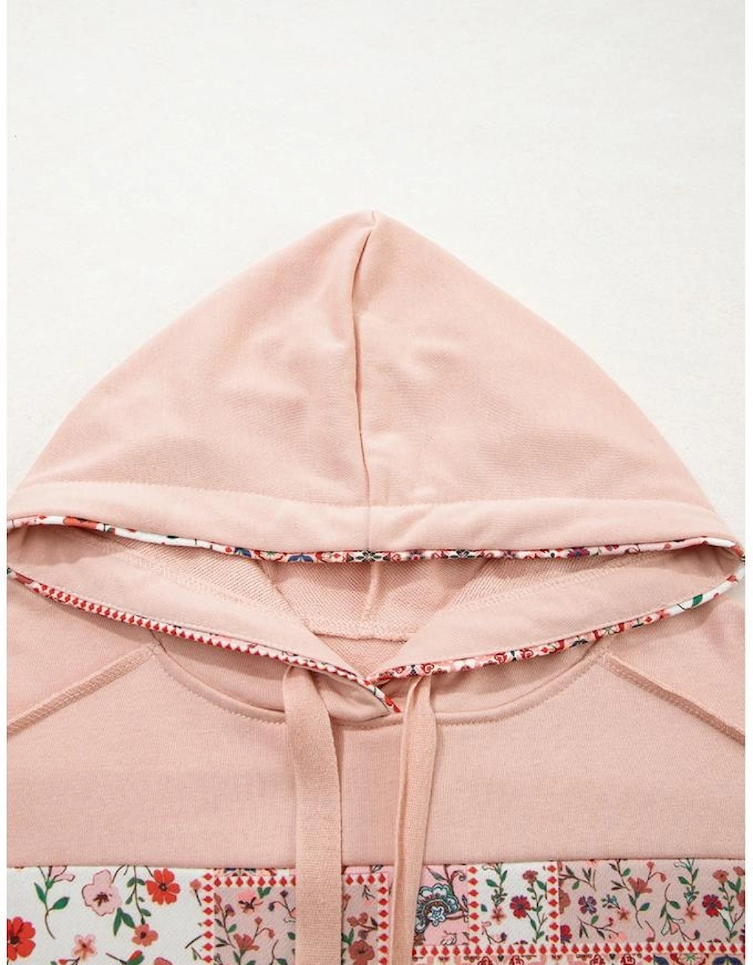 Delicacy Mix Floral Patchwork Side Slit Drawstring Hoodie