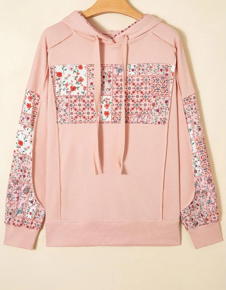 Delicacy Mix Floral Patchwork Side Slit Drawstring Hoodie