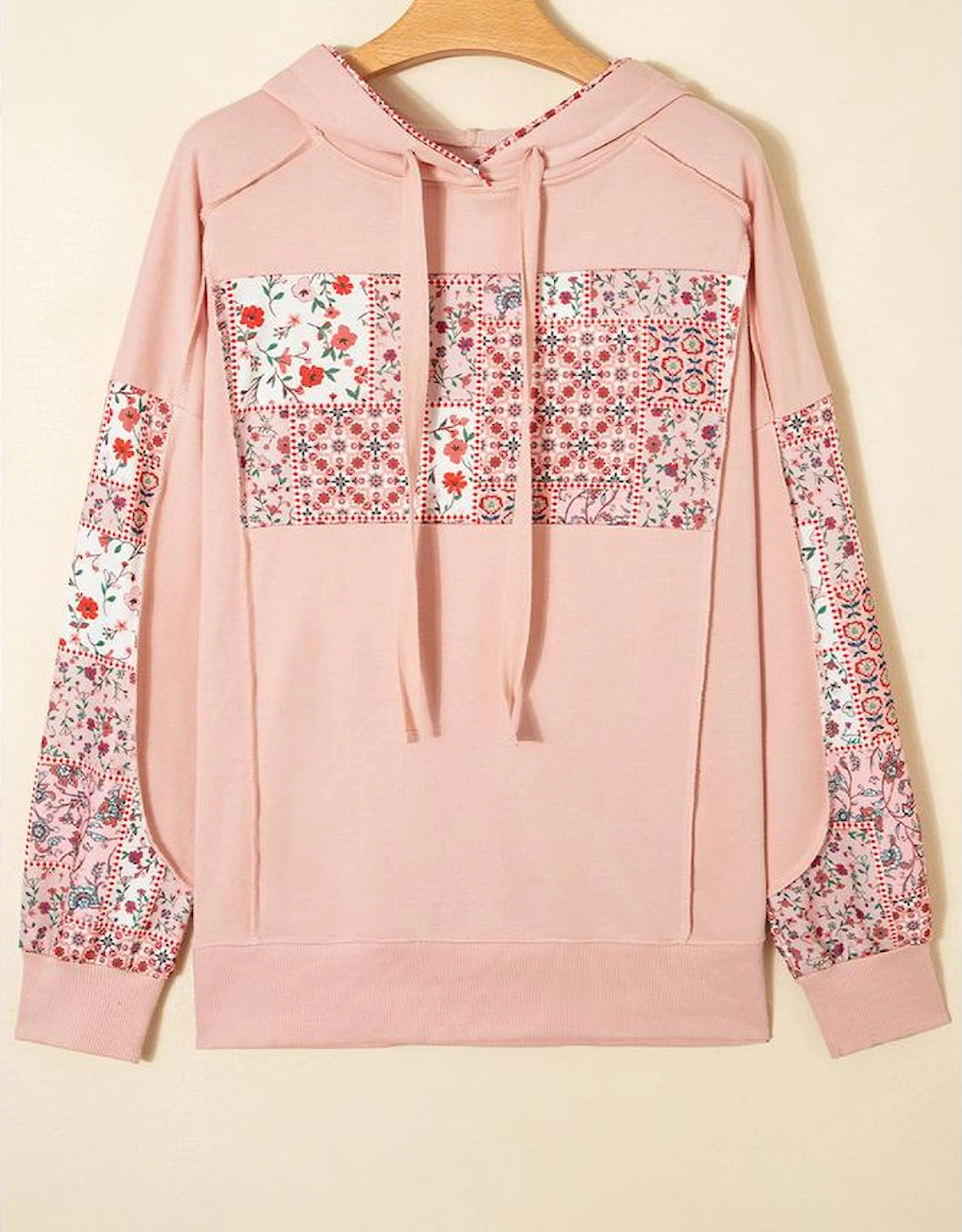 Delicacy Mix Floral Patchwork Side Slit Drawstring Hoodie