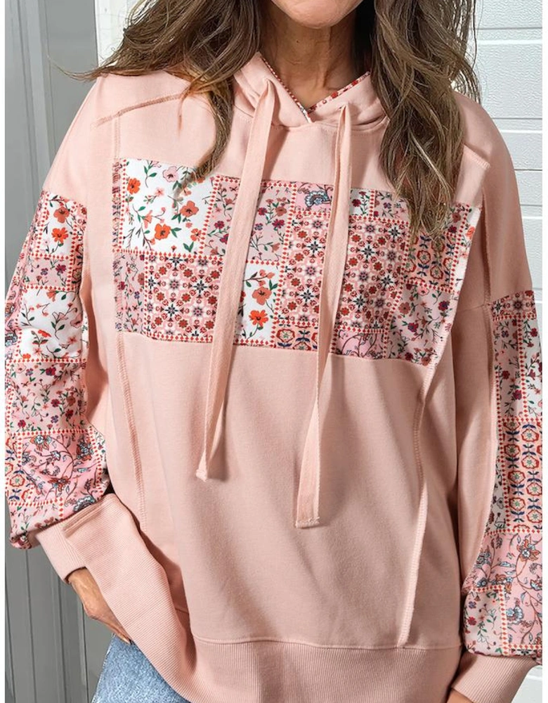 Delicacy Mix Floral Patchwork Side Slit Drawstring Hoodie