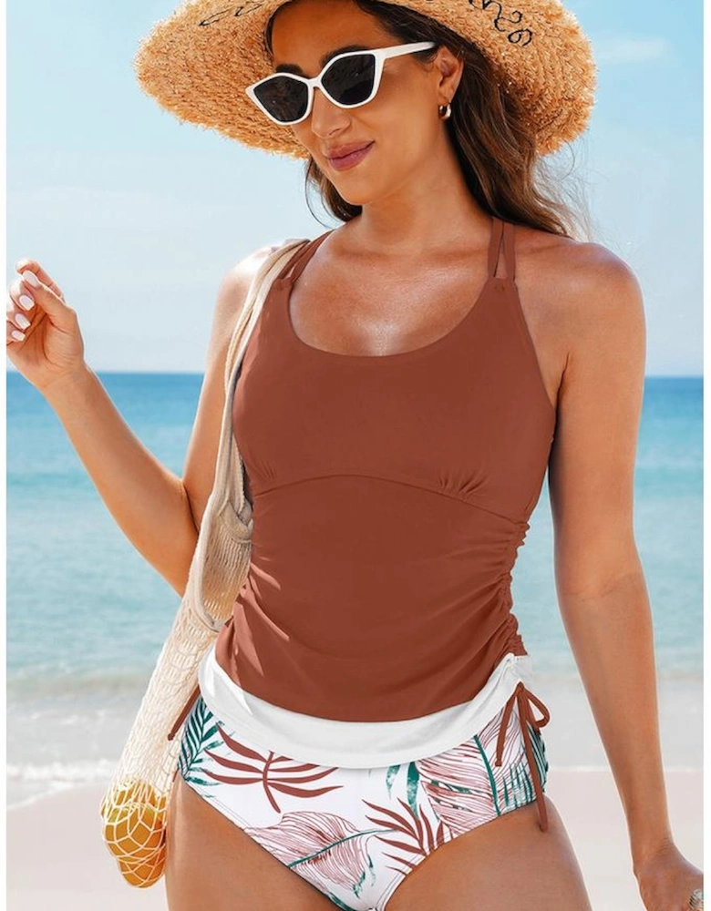 Mineral Red Drawstring Tummy Control Mix-and-match 2pcs Tankini Swimsuit