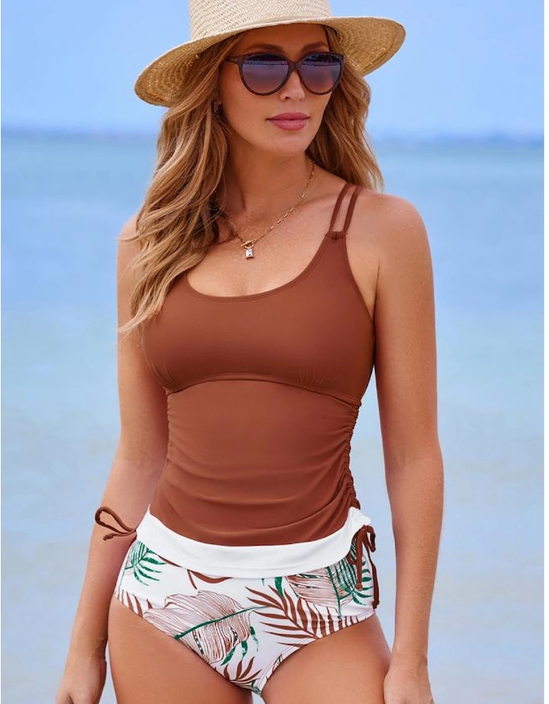 Mineral Red Drawstring Tummy Control Mix-and-match 2pcs Tankini Swimsuit