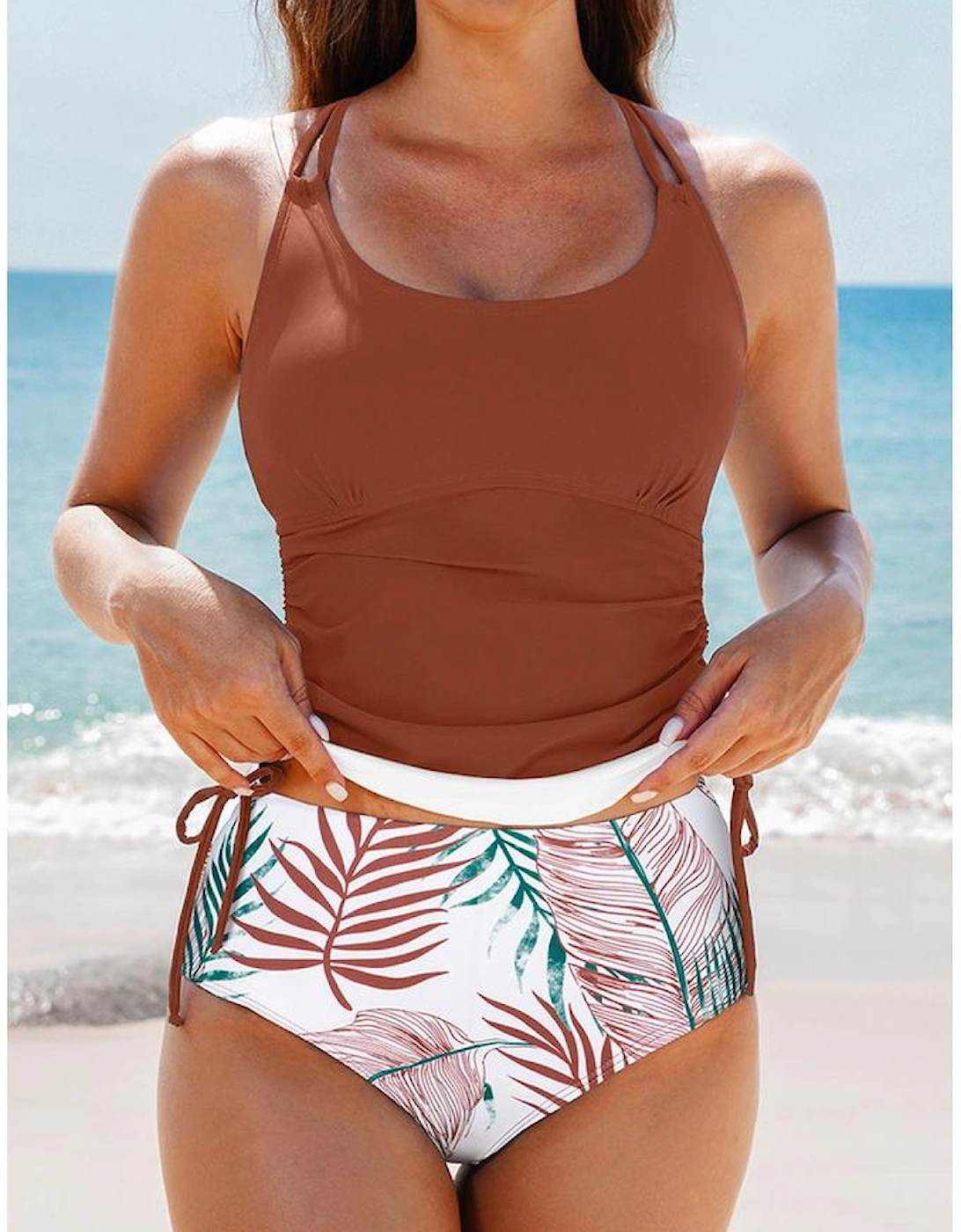 Mineral Red Drawstring Tummy Control Mix-and-match 2pcs Tankini Swimsuit