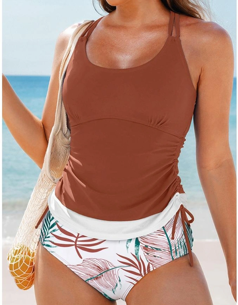 Mineral Red Drawstring Tummy Control Mix-and-match 2pcs Tankini Swimsuit