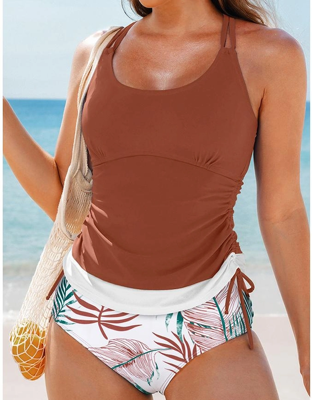 Mineral Red Drawstring Tummy Control Mix-and-match 2pcs Tankini Swimsuit