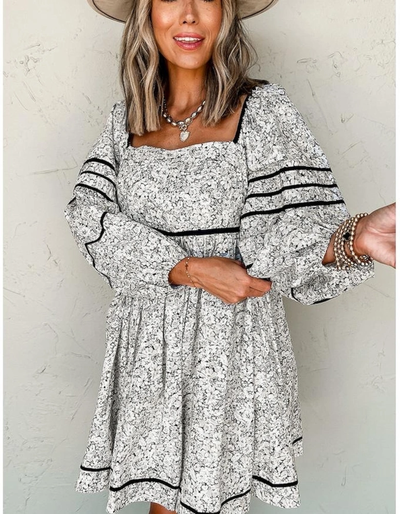 Gray Floral Print Open Back Balloon Sleeve Square Neck Mini Dress