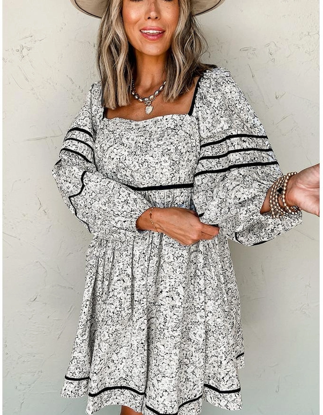 Gray Floral Print Open Back Balloon Sleeve Square Neck Mini Dress, 14 of 13