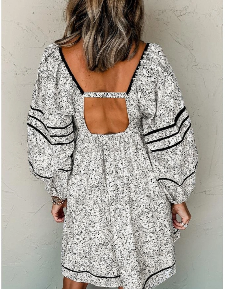 Gray Floral Print Open Back Balloon Sleeve Square Neck Mini Dress