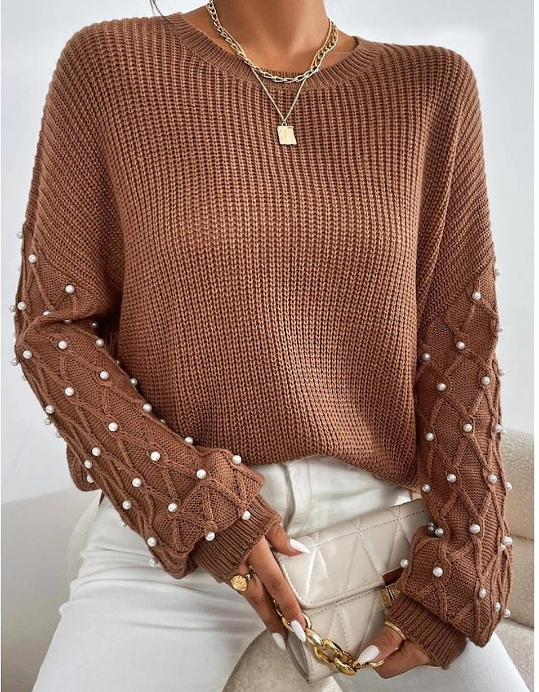 Chestnut Beaded Drop Shoulder Round Neck Sweater, 7 of 6