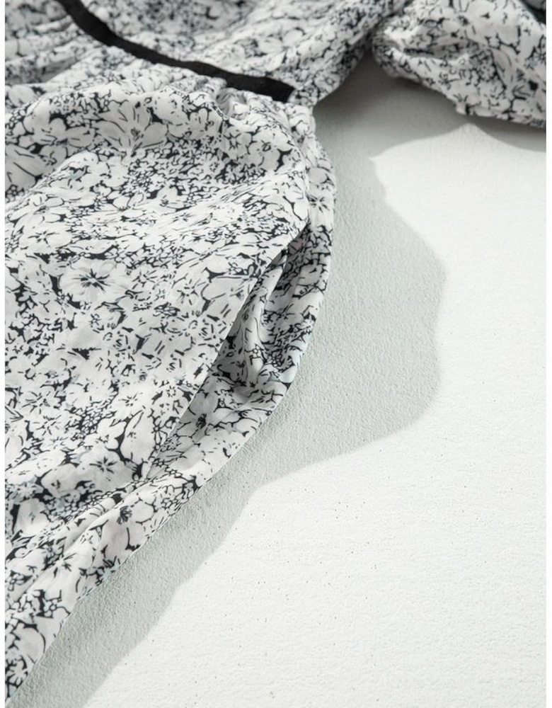 Gray Floral Print Open Back Balloon Sleeve Square Neck Mini Dress