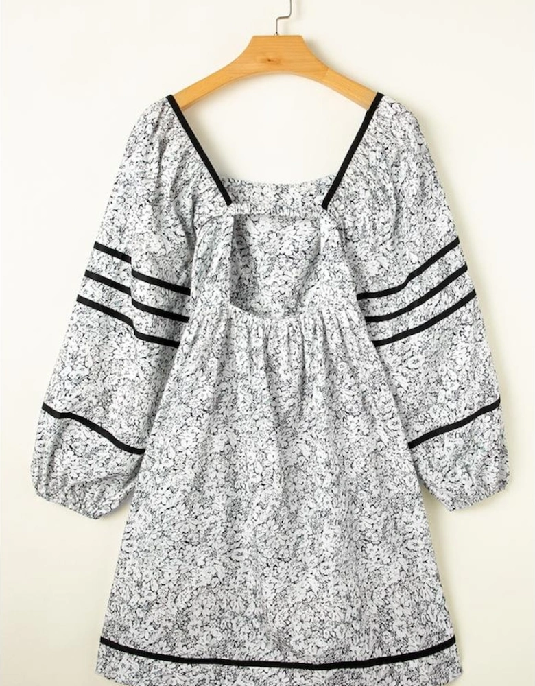 Gray Floral Print Open Back Balloon Sleeve Square Neck Mini Dress