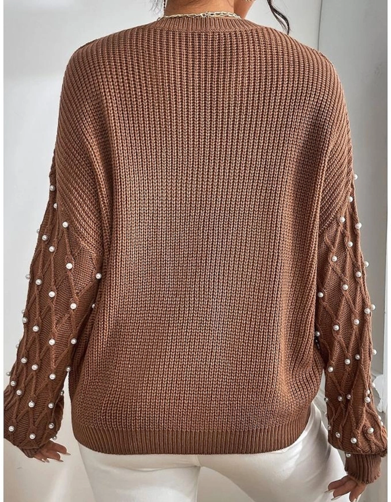 Chestnut Beaded Drop Shoulder Round Neck Sweater
