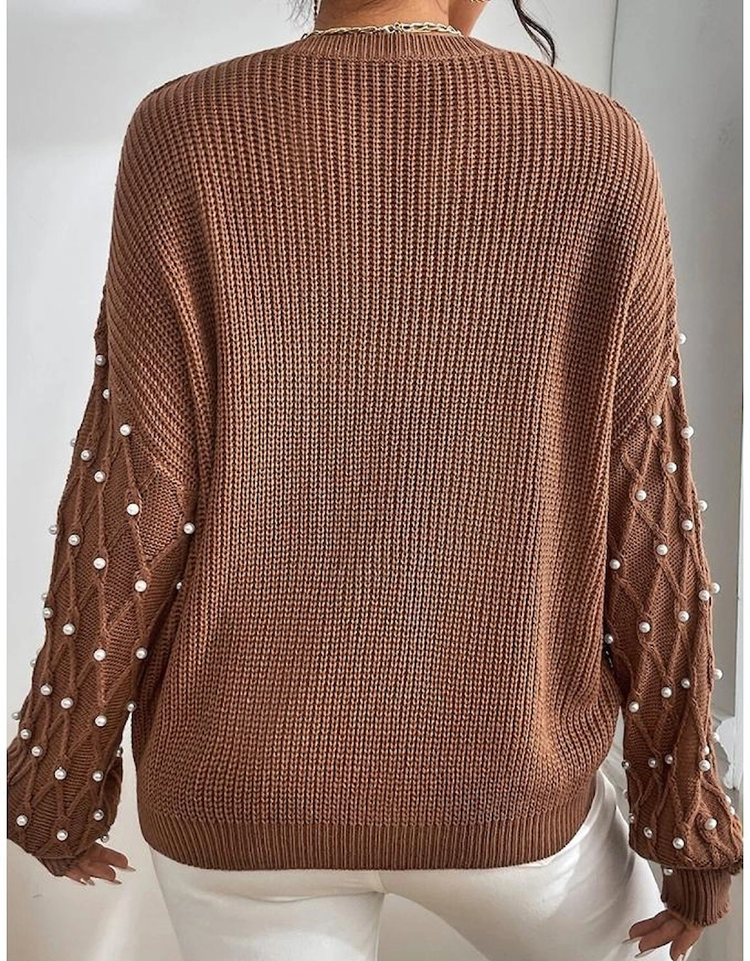 Chestnut Beaded Drop Shoulder Round Neck Sweater