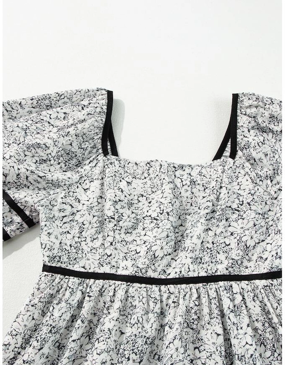 Gray Floral Print Open Back Balloon Sleeve Square Neck Mini Dress