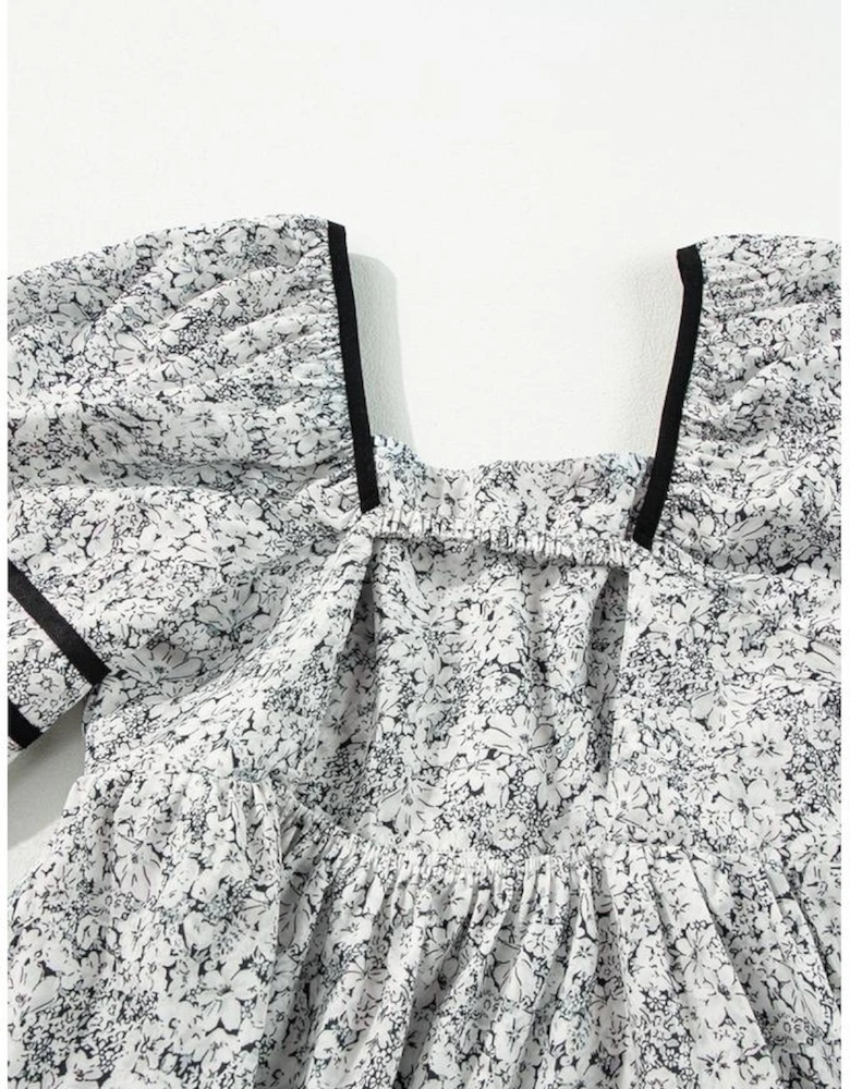 Gray Floral Print Open Back Balloon Sleeve Square Neck Mini Dress