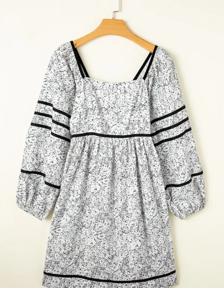 Gray Floral Print Open Back Balloon Sleeve Square Neck Mini Dress