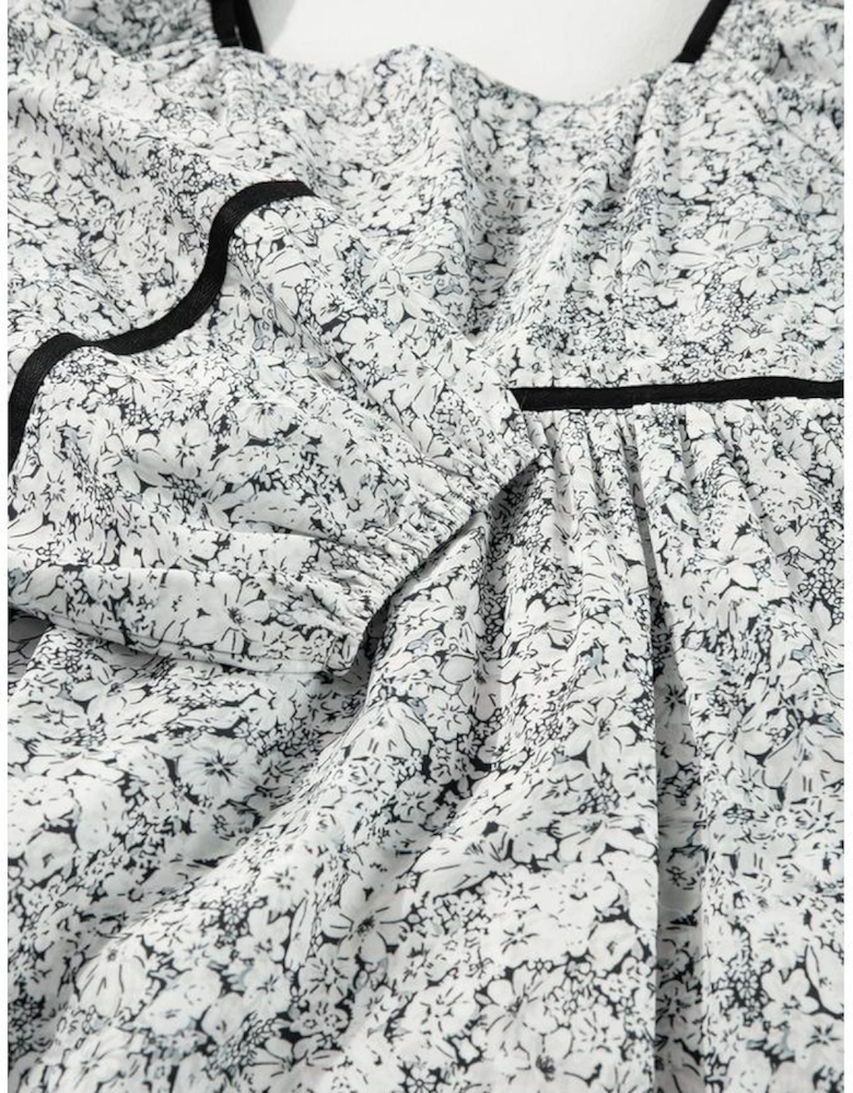 Gray Floral Print Open Back Balloon Sleeve Square Neck Mini Dress