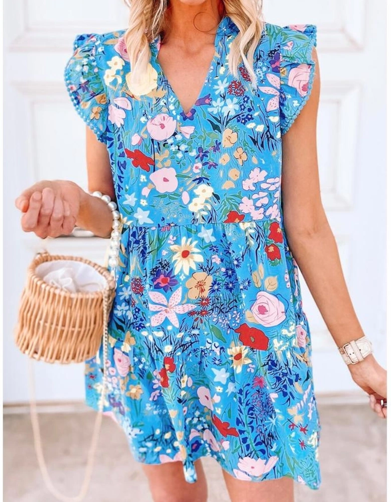 Sky Blue Floral Flutter Sleeve V Neck Ruffled Dress
