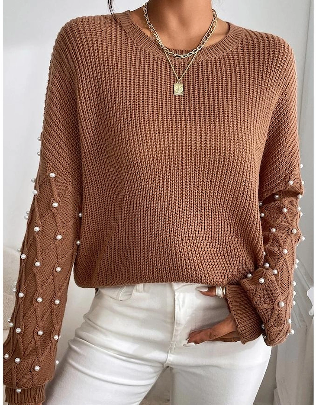 Chestnut Beaded Drop Shoulder Round Neck Sweater