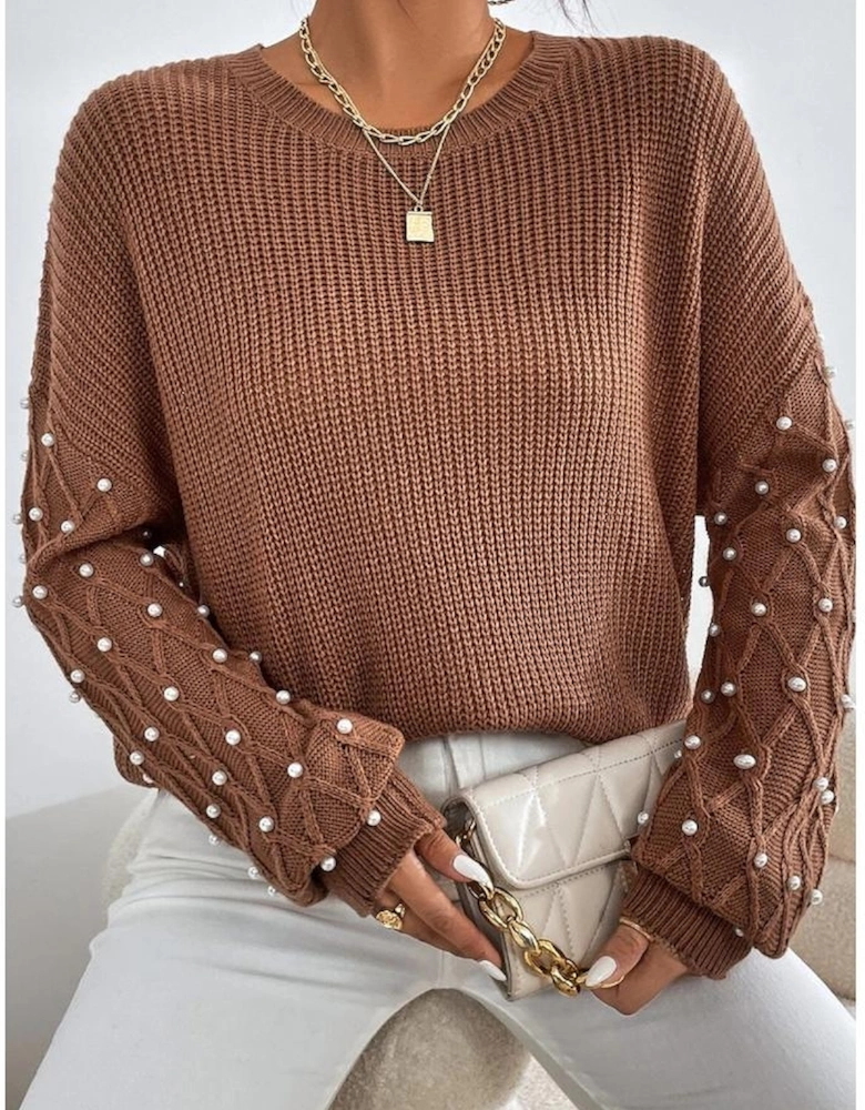 Chestnut Beaded Drop Shoulder Round Neck Sweater