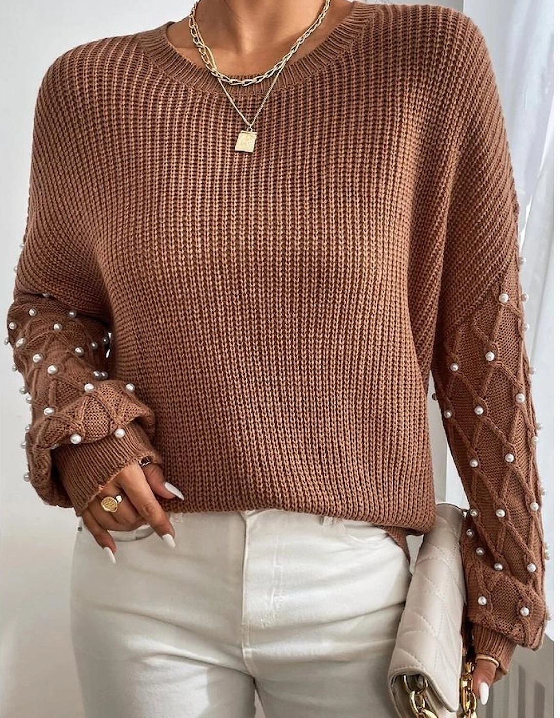 Chestnut Beaded Drop Shoulder Round Neck Sweater