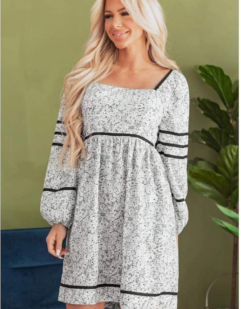 Gray Floral Print Open Back Balloon Sleeve Square Neck Mini Dress