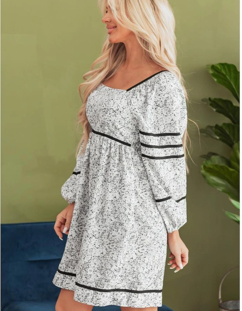 Gray Floral Print Open Back Balloon Sleeve Square Neck Mini Dress