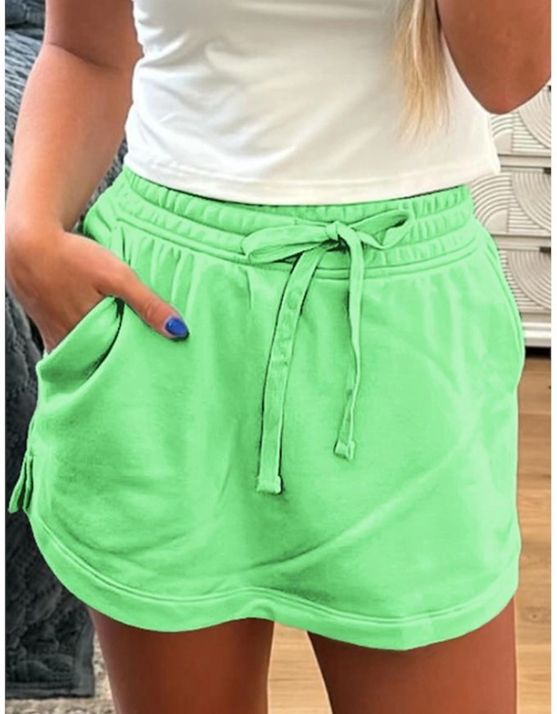 Light Green French Terry Drawstring Mini Skort with Pockets