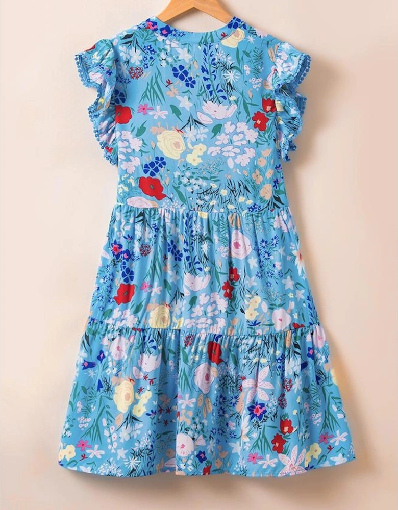 Sky Blue Floral Flutter Sleeve V Neck Ruffled Dress