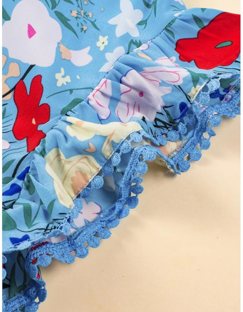 Sky Blue Floral Flutter Sleeve V Neck Ruffled Dress