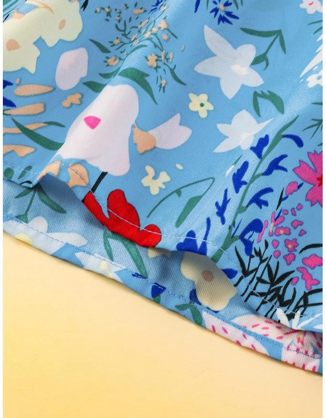 Sky Blue Floral Flutter Sleeve V Neck Ruffled Dress