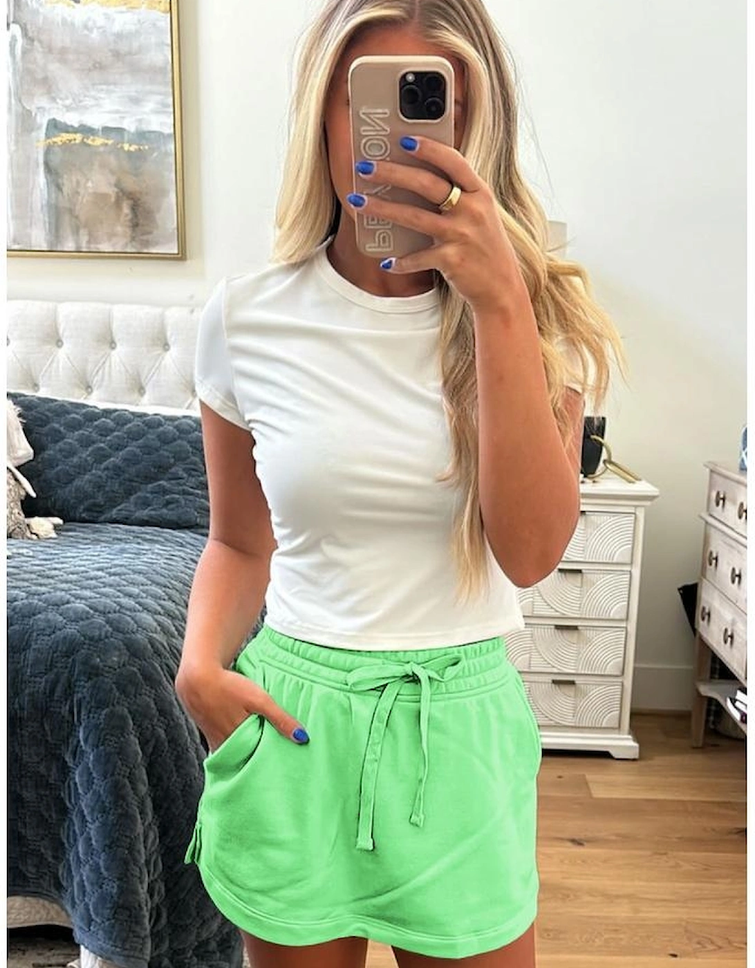 Light Green French Terry Drawstring Mini Skort with Pockets