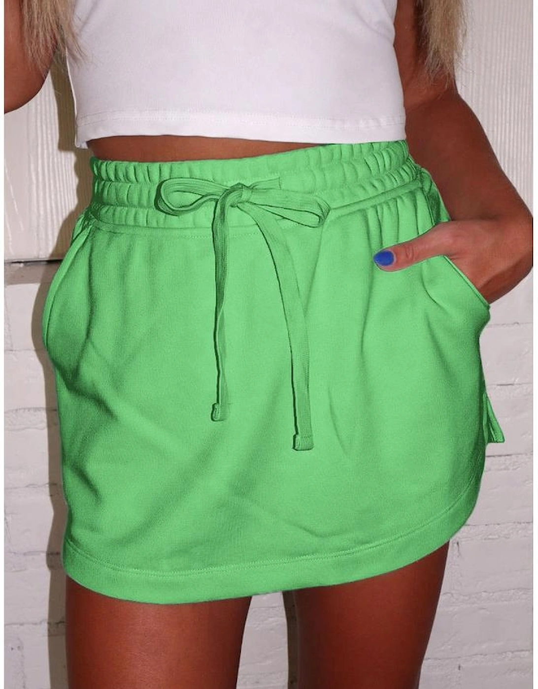 Light Green French Terry Drawstring Mini Skort with Pockets