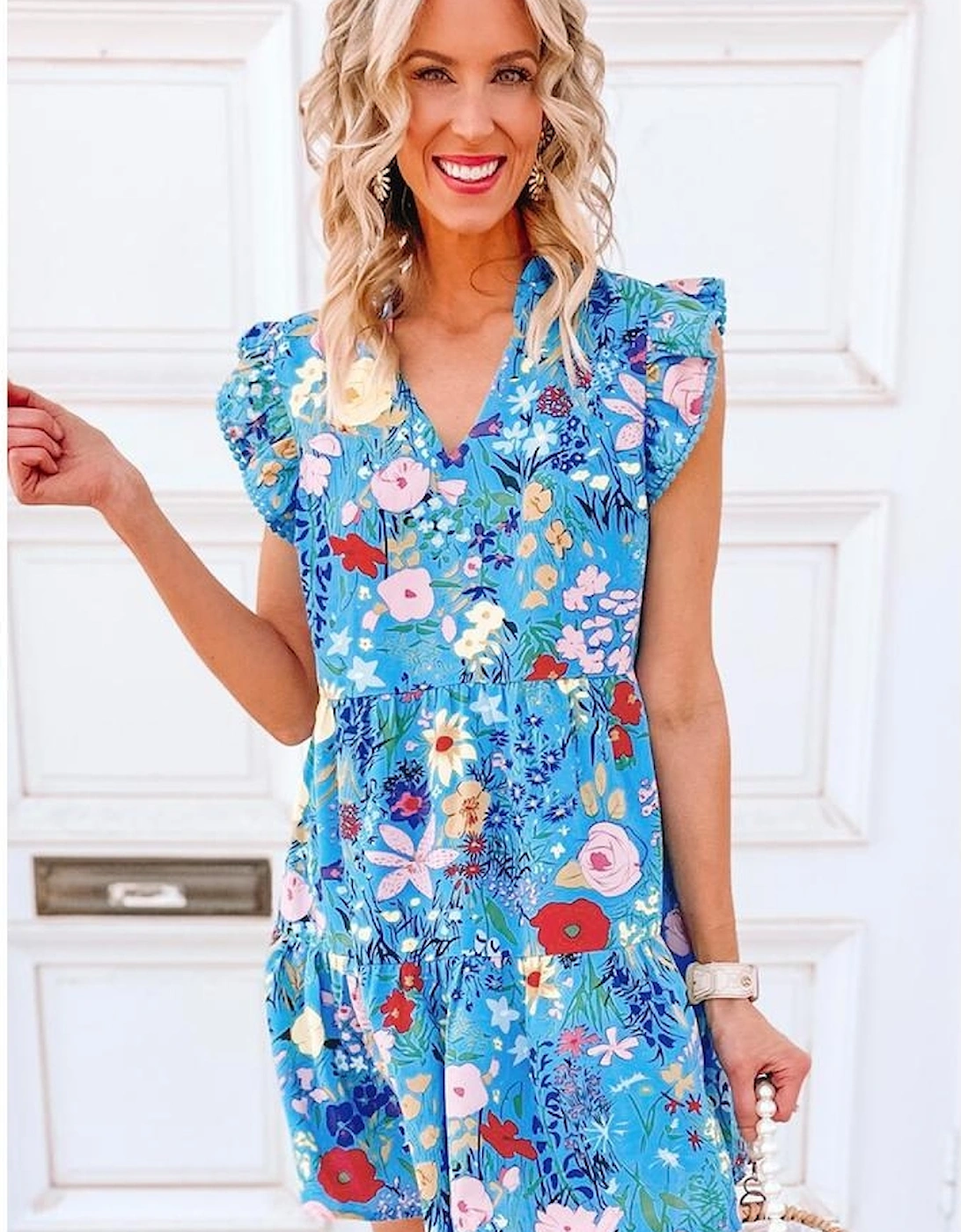Sky Blue Floral Flutter Sleeve V Neck Ruffled Dress