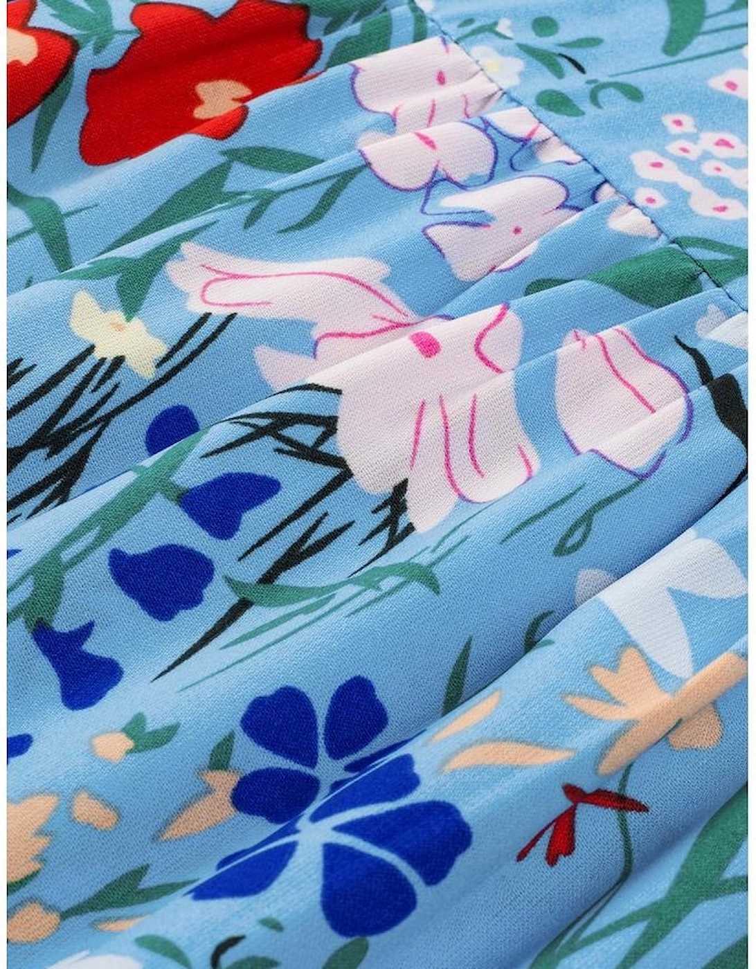 Sky Blue Floral Flutter Sleeve V Neck Ruffled Dress