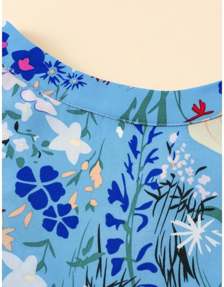 Sky Blue Floral Flutter Sleeve V Neck Ruffled Dress