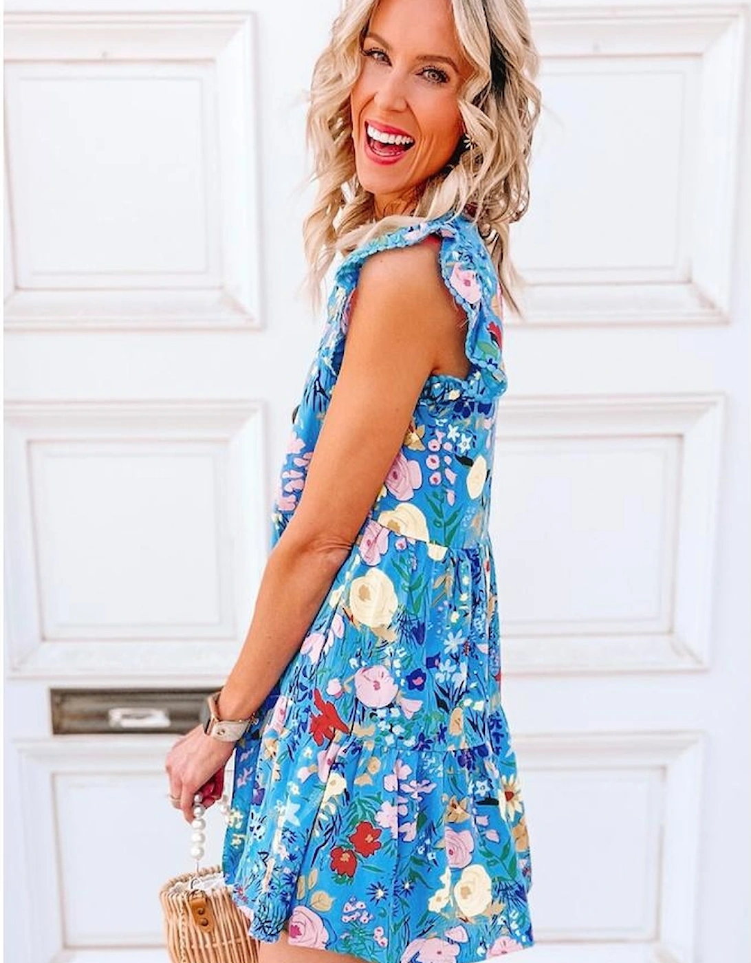 Sky Blue Floral Flutter Sleeve V Neck Ruffled Dress