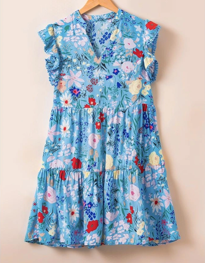 Sky Blue Floral Flutter Sleeve V Neck Ruffled Dress