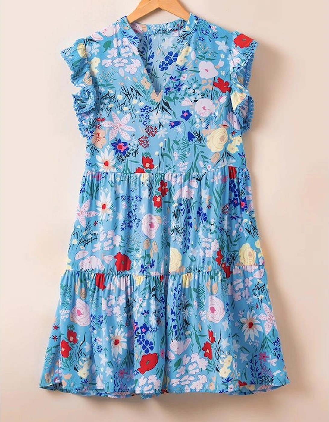 Sky Blue Floral Flutter Sleeve V Neck Ruffled Dress