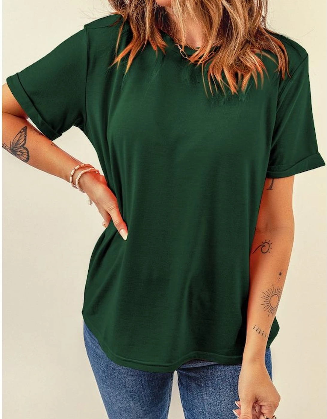 Green Casual Plain Crew Neck Tee