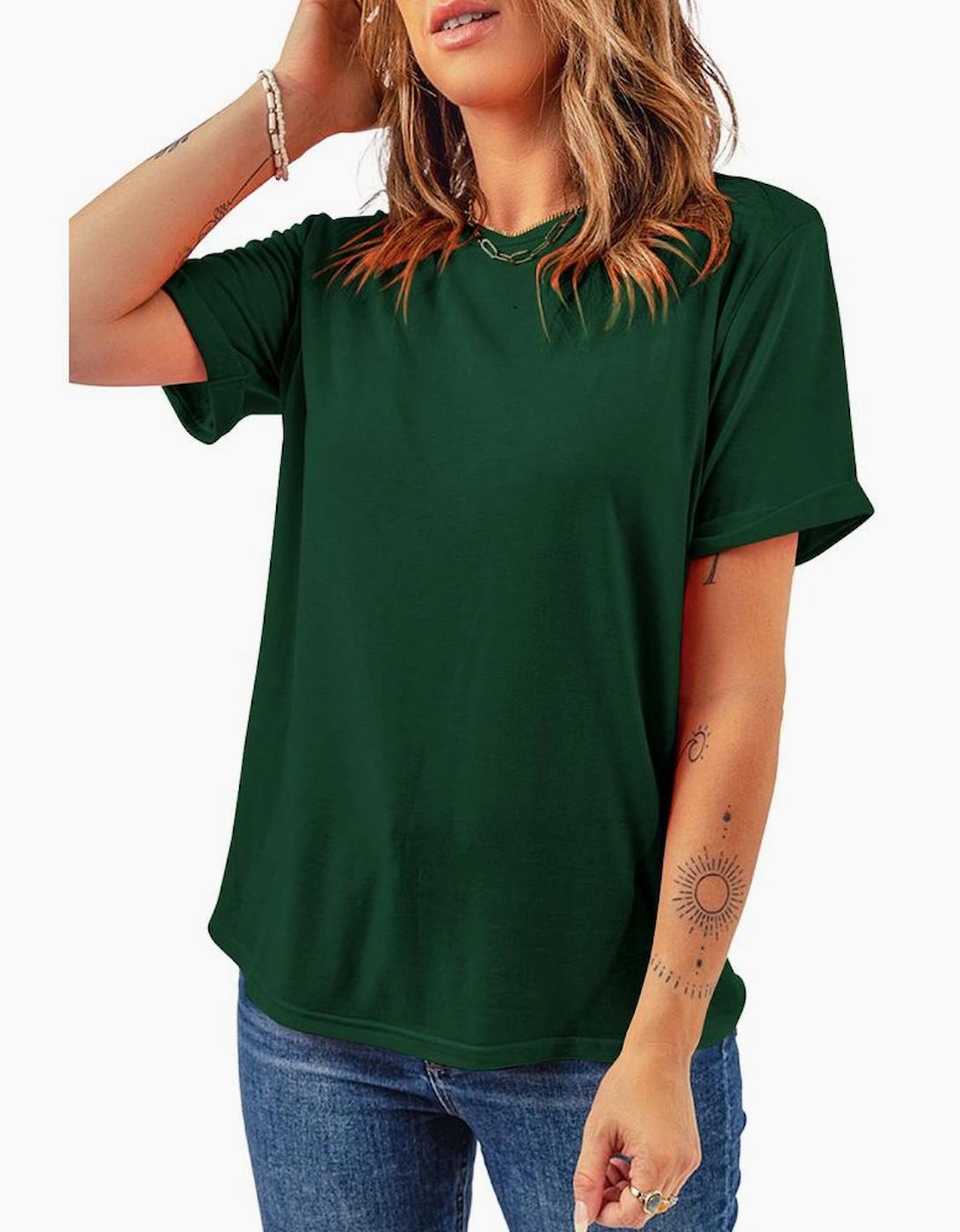 Green Casual Plain Crew Neck Tee