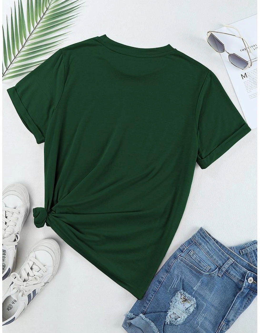 Green Casual Plain Crew Neck Tee