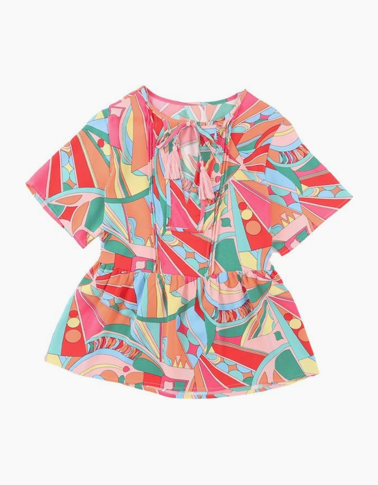 Multicolor Boho Abstract Pattern Split V Neck Flowy Blouse