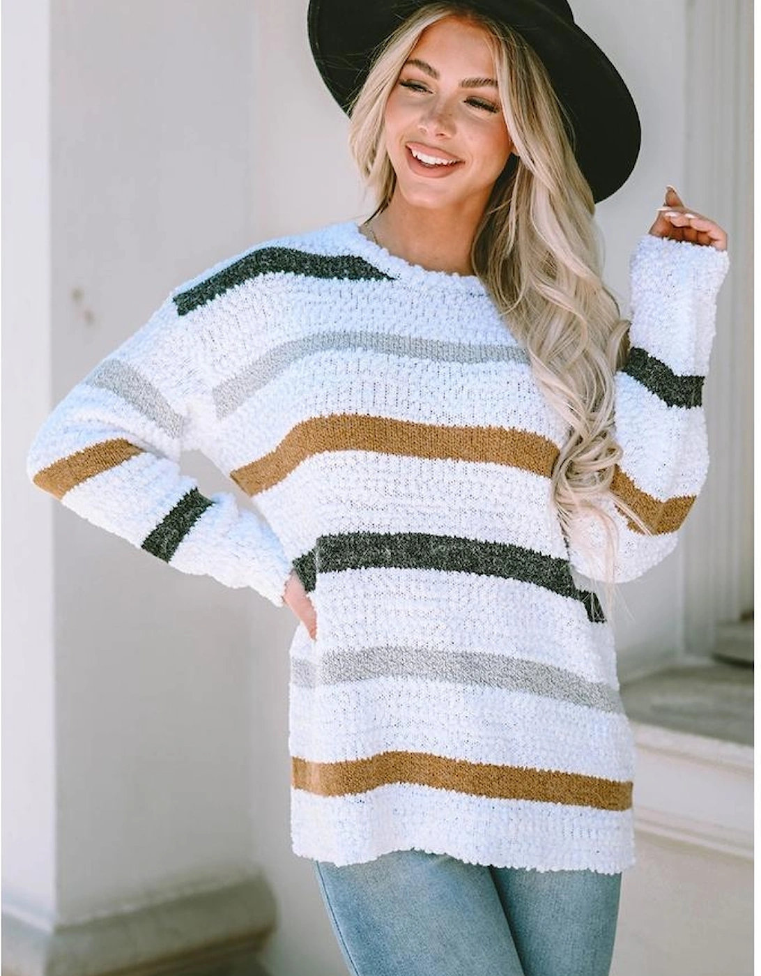Striped Popcorn Knit Sweater