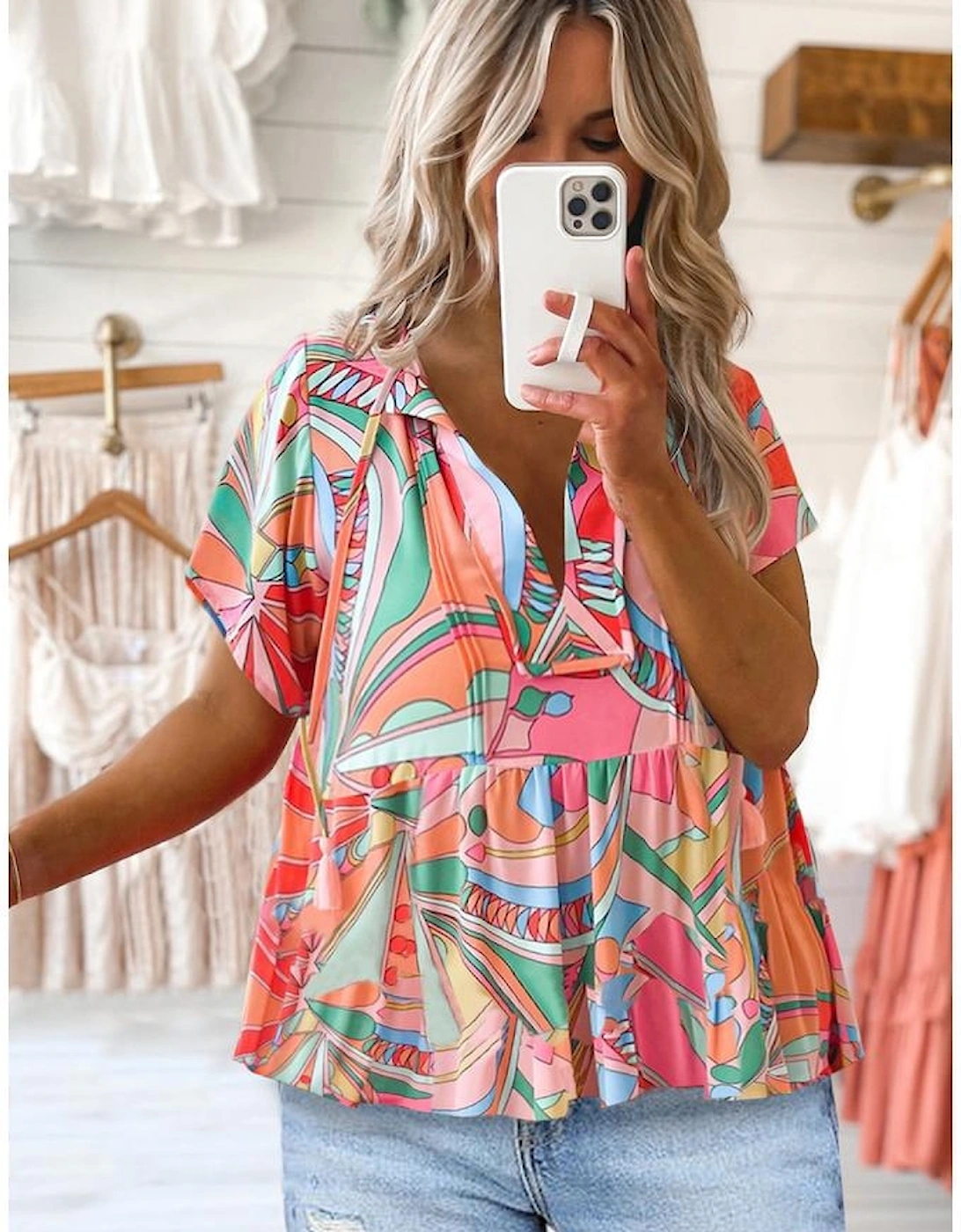 Multicolor Boho Abstract Pattern Split V Neck Flowy Blouse