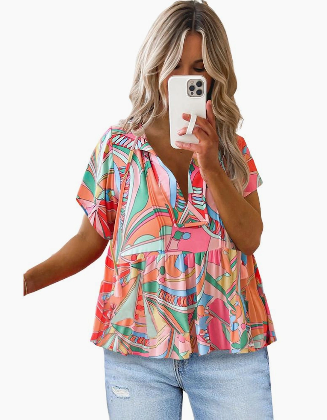 Multicolor Boho Abstract Pattern Split V Neck Flowy Blouse